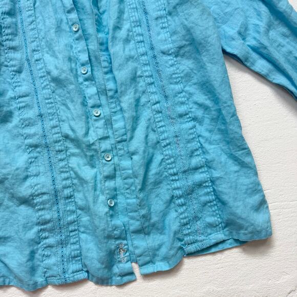 Bohio Blue Linen Button Up Pleated Embroidered Shirt, Size Medium - Picture 3 of 8